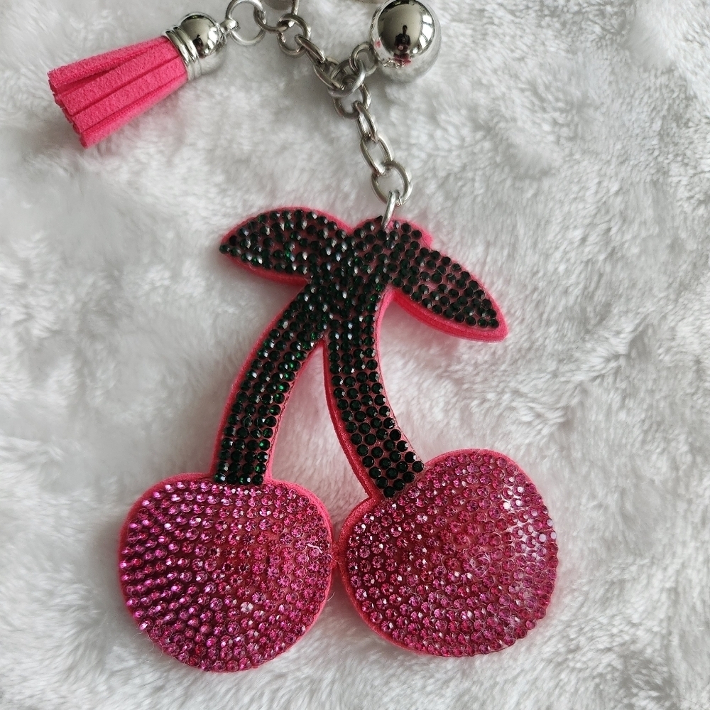 Pink Rhinestone Cherry Keychain Bag Charm - Picture 2 of 3